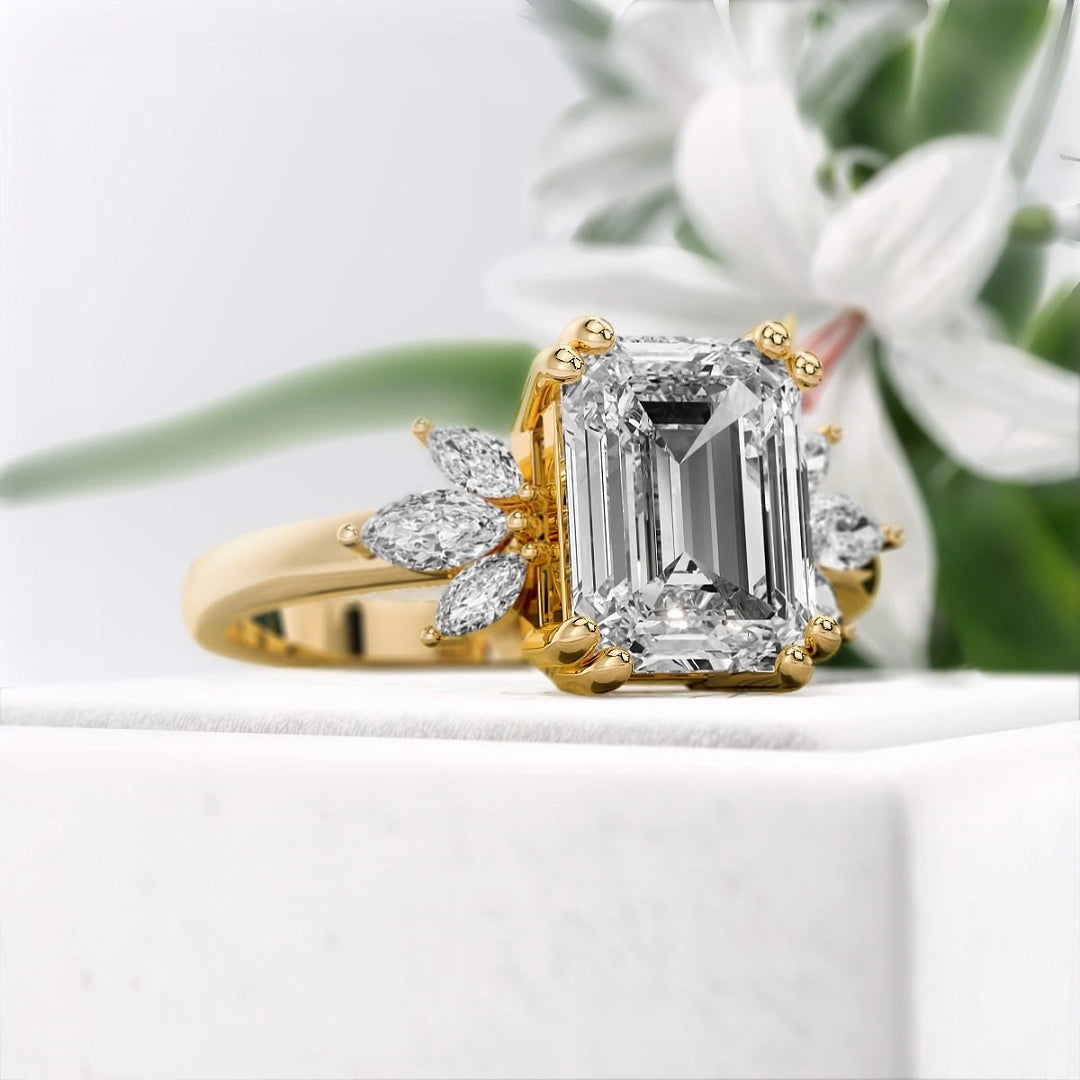 Emerald-Lab-Diamond-Cluster-Engagement-Ring-Gold-Diamond View