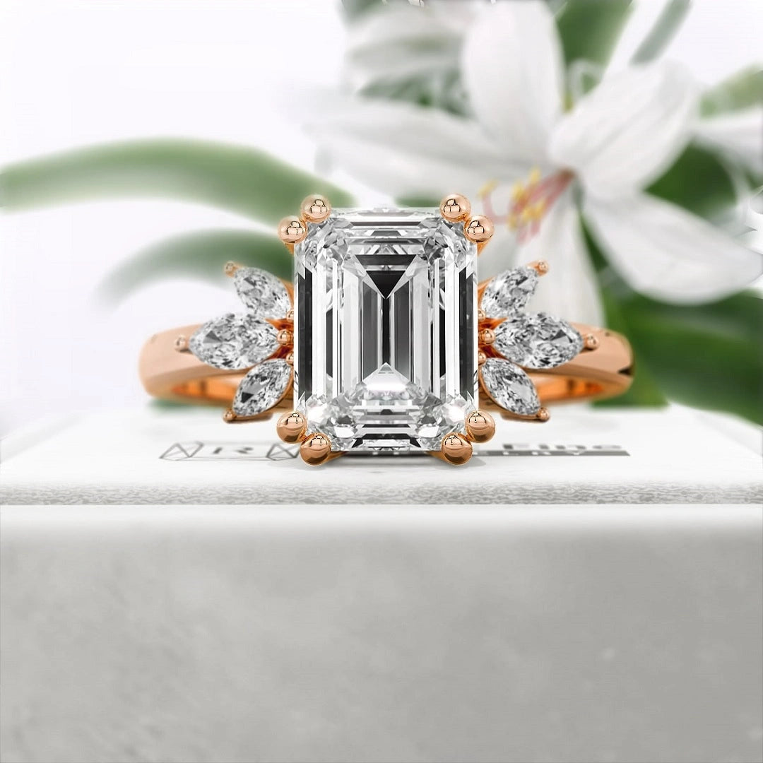 Emerald-Lab-Diamond-Cluster-Engagement-Ring-Rose-Gold-Front View