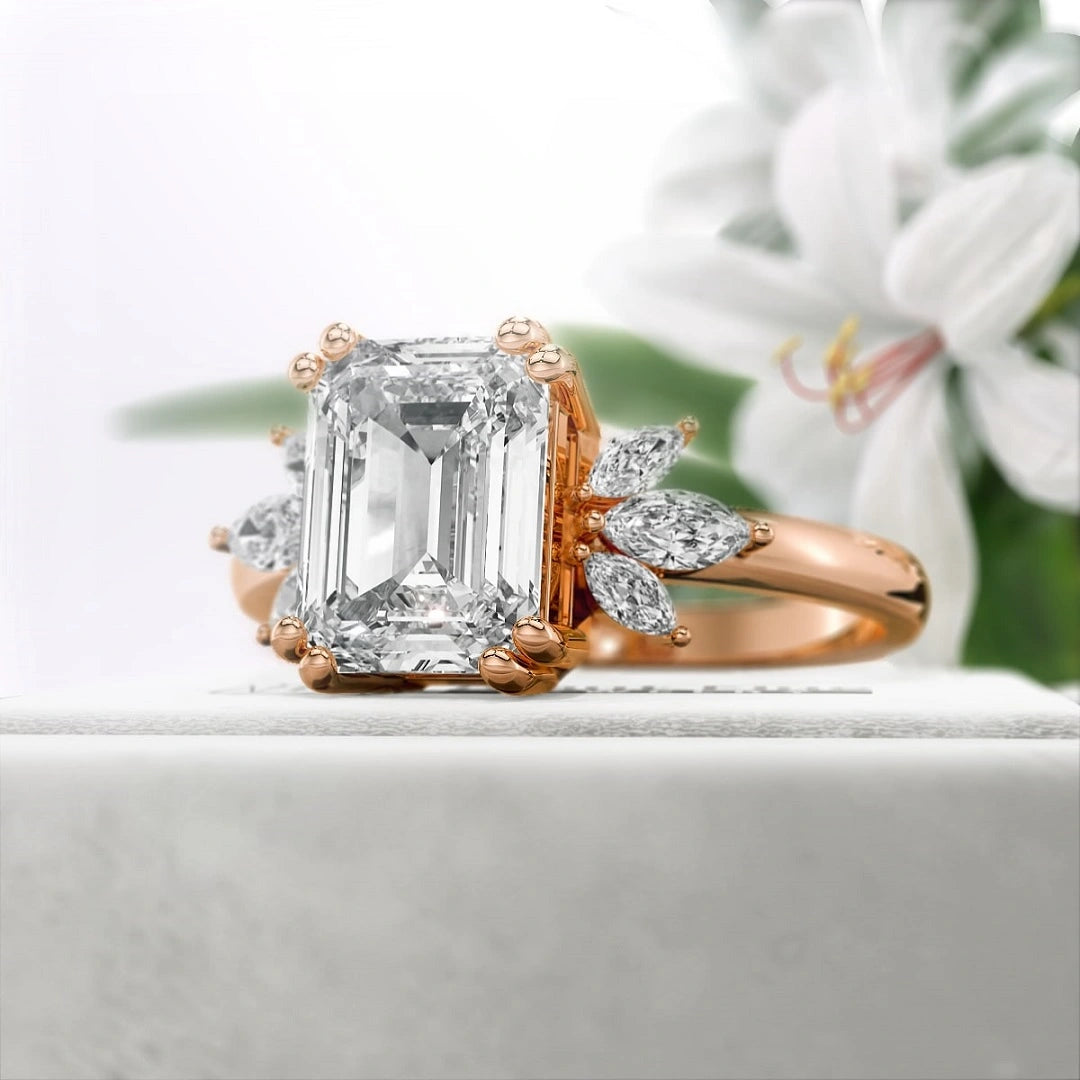 Emerald-Lab-Diamond-Cluster-Engagement-Ring-Rose-Gold-Side View