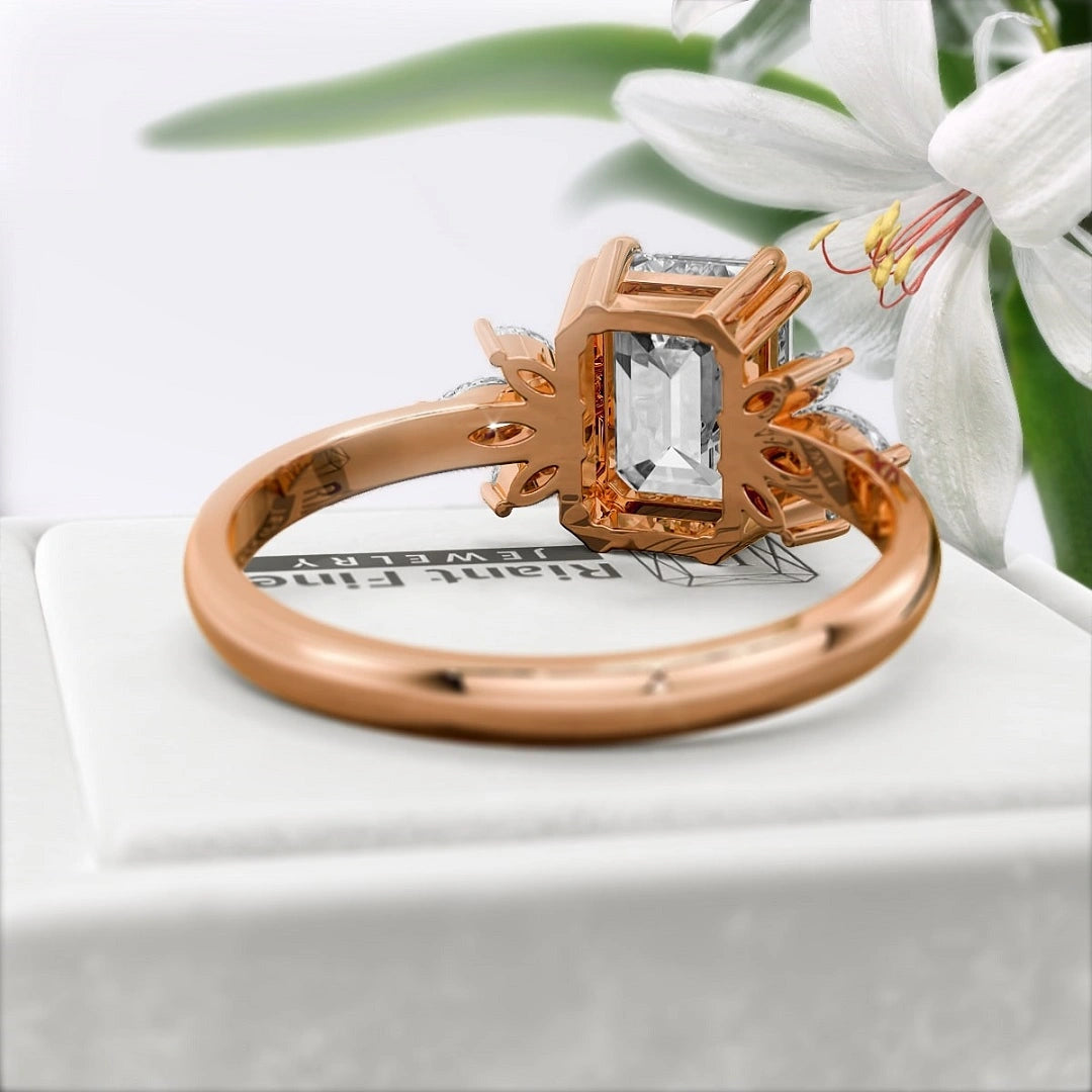 Emerald-Lab-Diamond-Cluster-Engagement-Ring-Rose-Gold-Back View