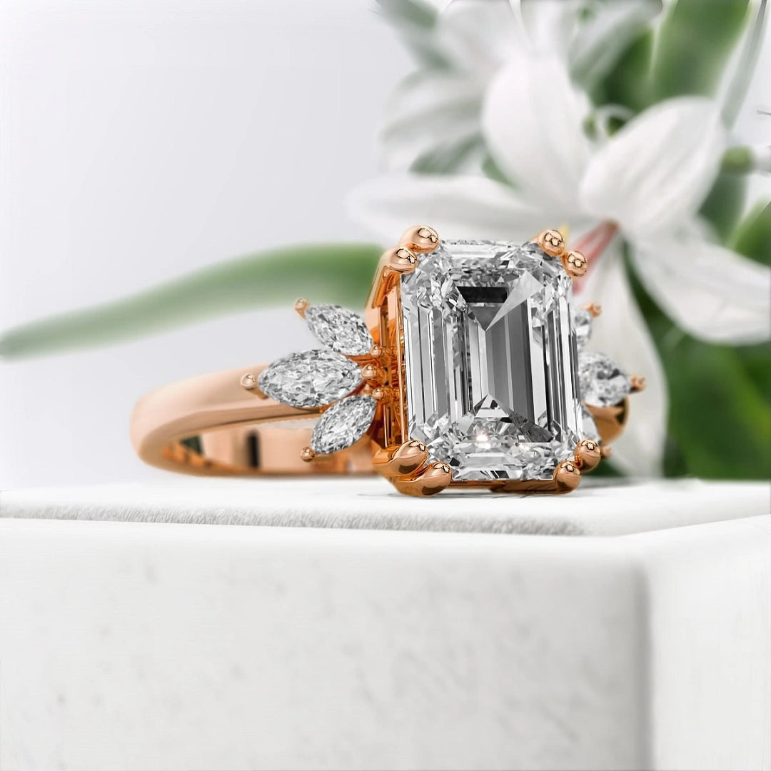 Emerald-Lab-Diamond-Cluster-Engagement-Ring-Rose-Gold-Diamond View