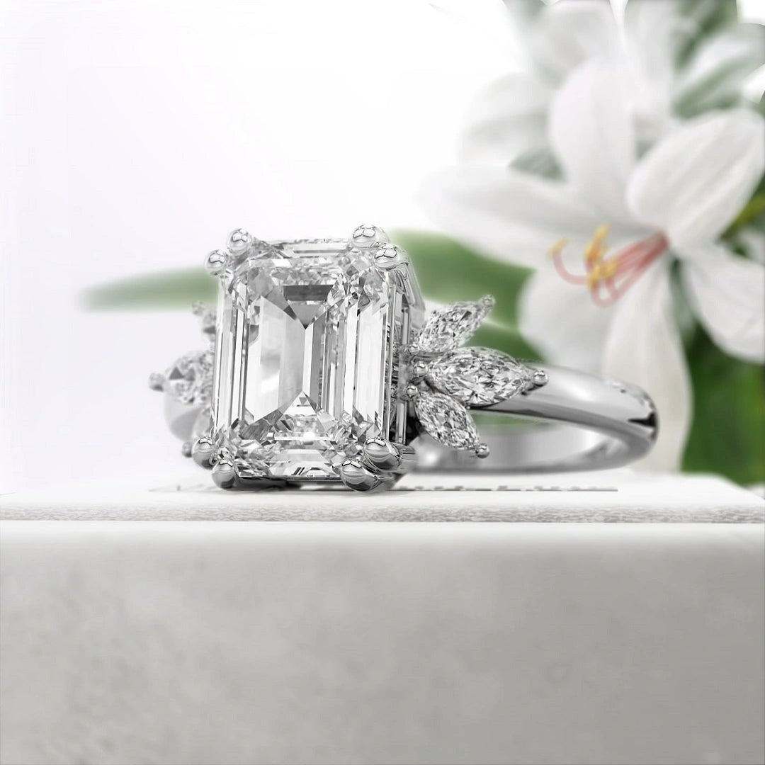 Emerald-Lab-Diamond-Cluster-Engagement-Ring-White Gold-Side View