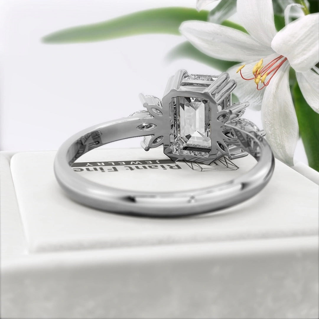 Emerald-Lab-Diamond-Cluster-Engagement-Ring-White Gold-Back View
