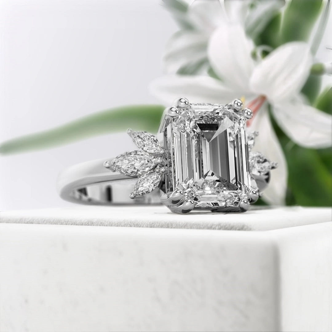 Emerald-Lab-Diamond-Cluster-Engagement-Ring-White Gold-Back View