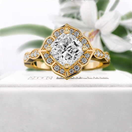 Flower-1-Ct-Cushion-Cut-Engagement-Ring-14K-Gold-Front-View