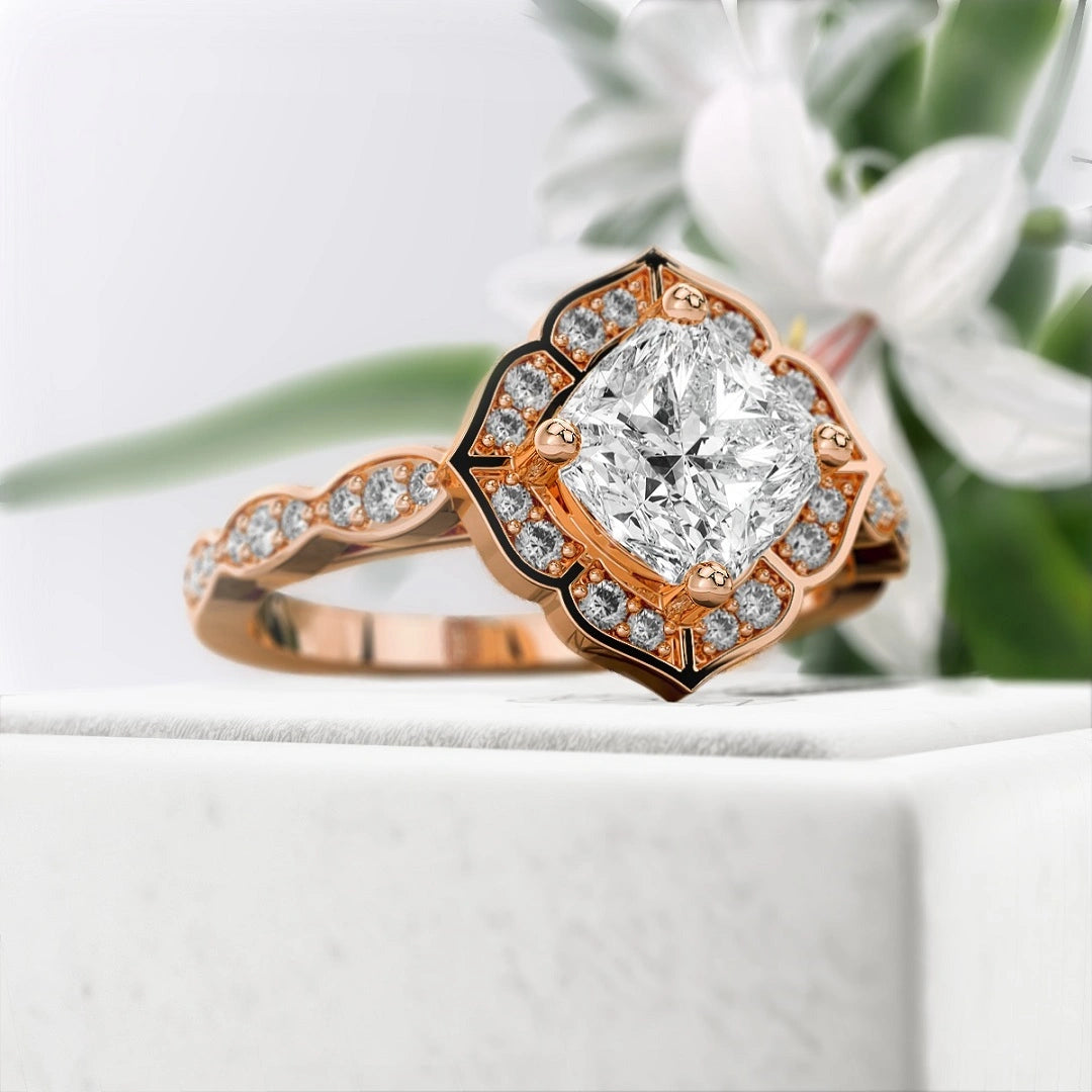 Flower-1-Ct-Cushion-Cut-Engagement-Ring-14K-Rose-Gold-Diamond-View