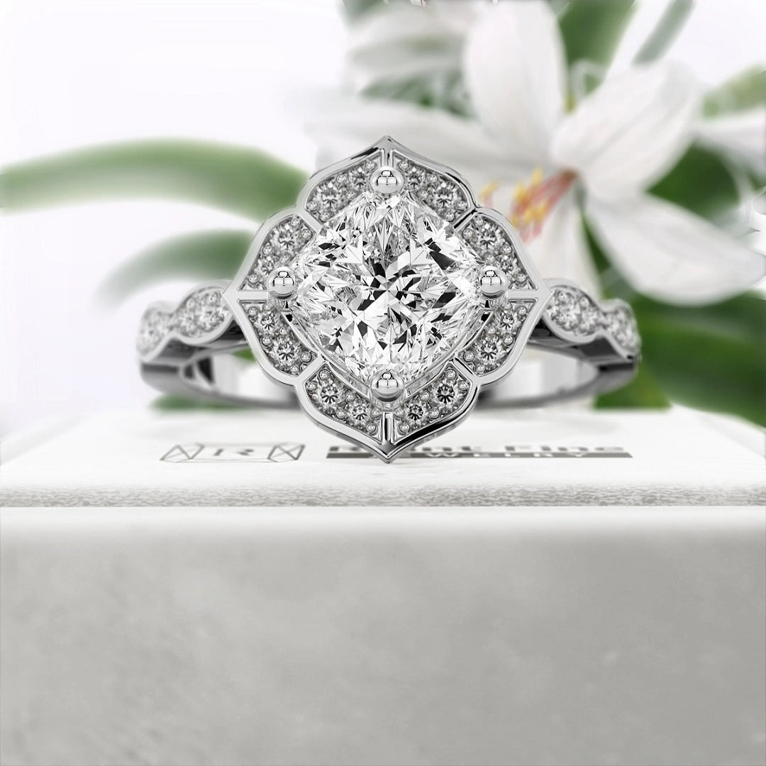 Flower-1-Ct-Cushion-Cut-Engagement-Ring-14K-White-Gold-Front-View