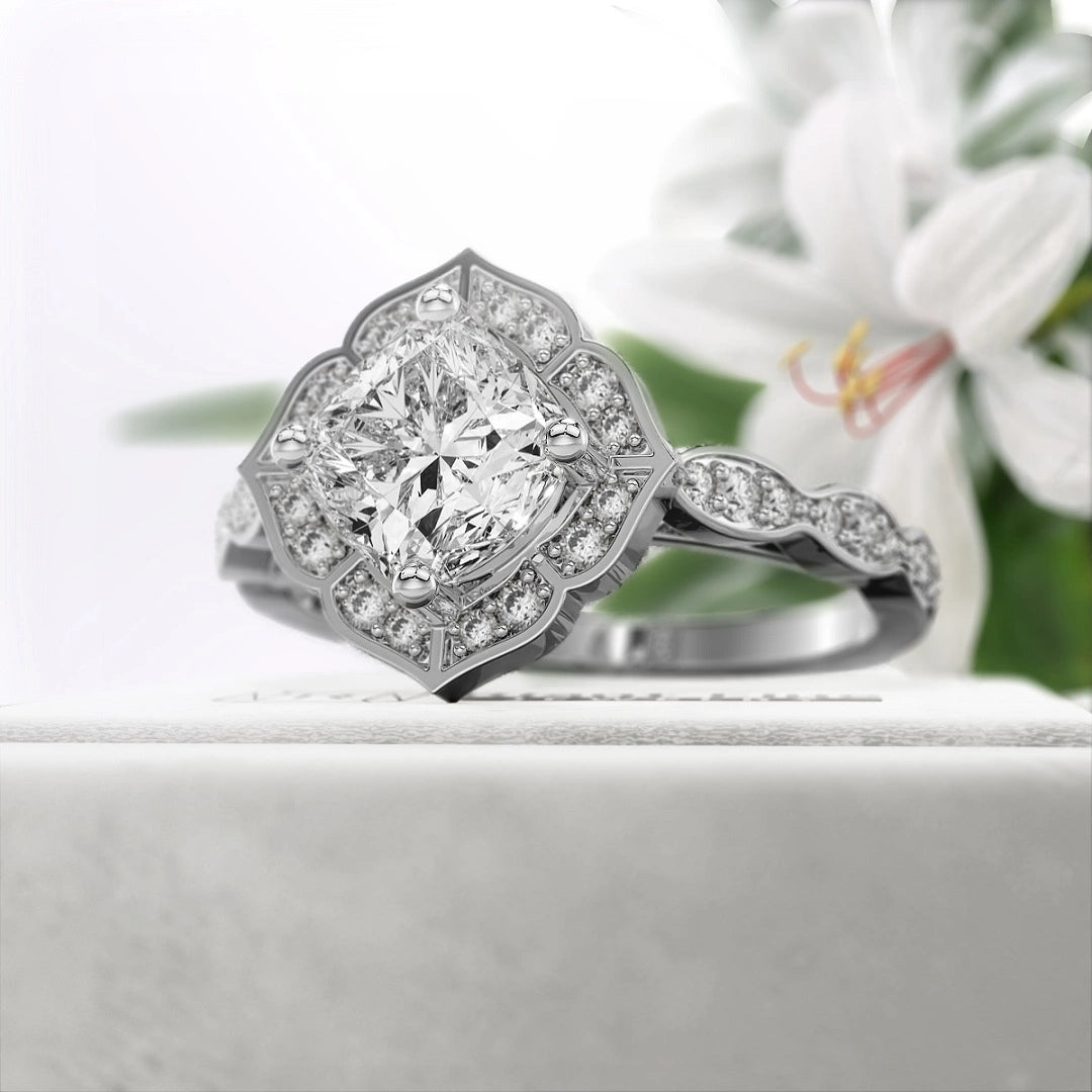 Flower-1-Ct-Cushion-Cut-Engagement-Ring-14K-White-Gold-Side-View