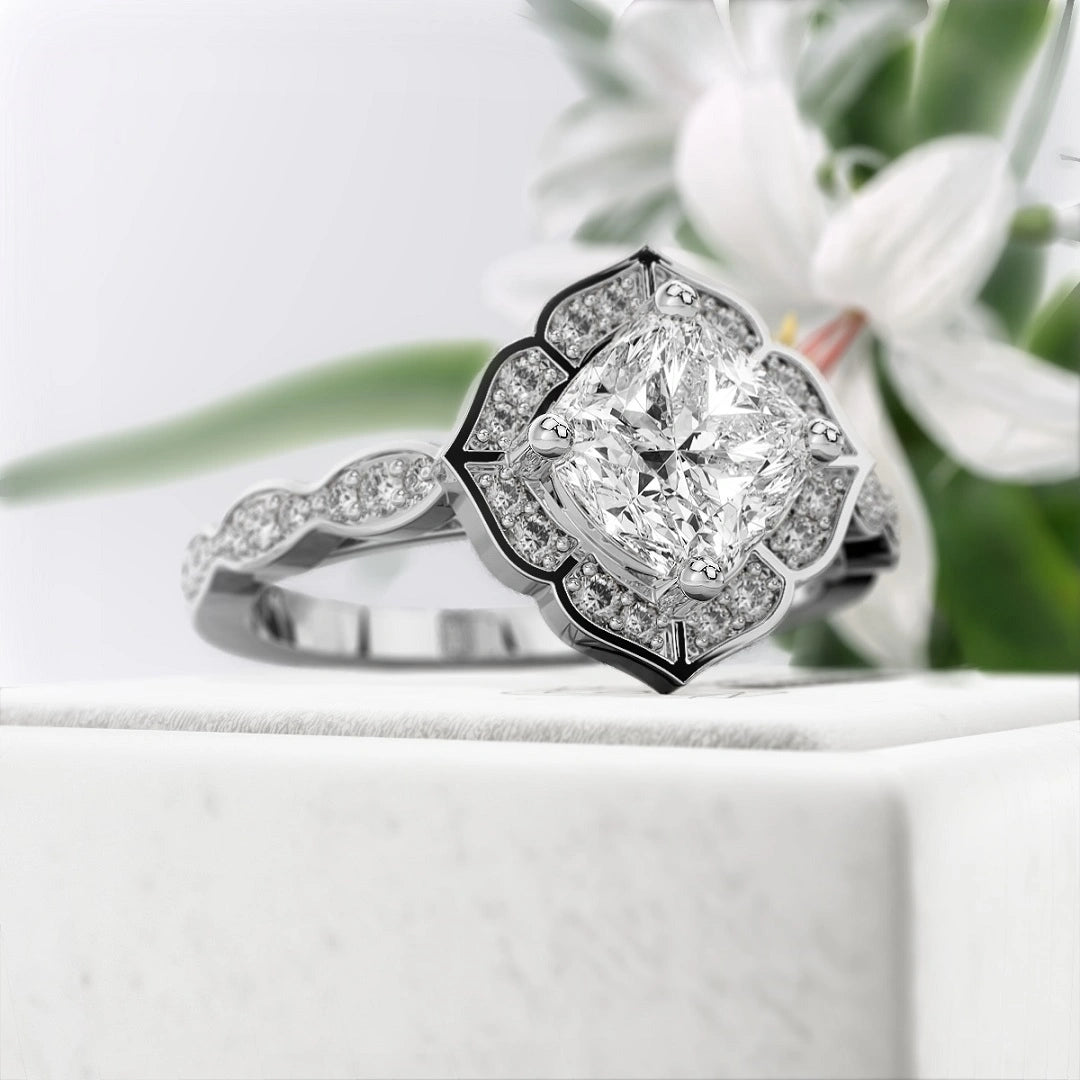 Flower-1-Ct-Cushion-Cut-Engagement-Ring-14K-White-Gold-Diamond-View