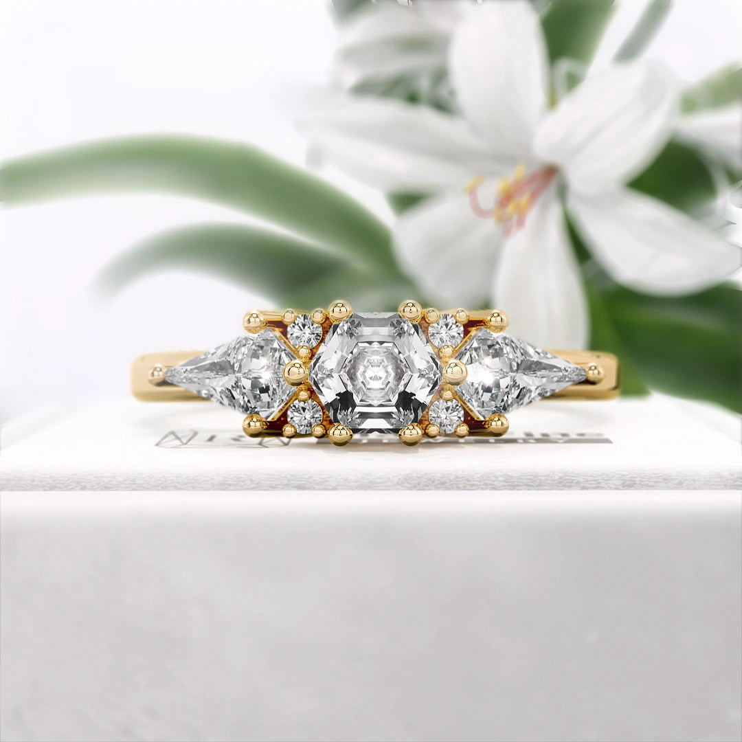 Hexagon-cut-Three-Stone-Diamond-Engagement-Ring- Gold- Front View

