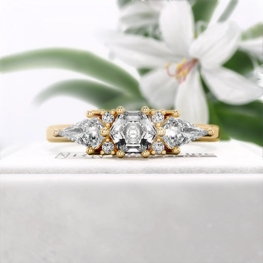 Hexagon-cut-Three-Stone-Diamond-Engagement-Ring- Gold- Front View
