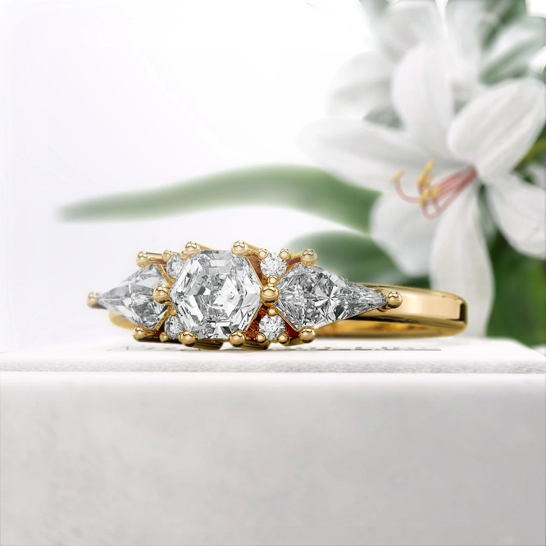 Hexagon-cut-Three-Stone-Diamond-Engagement-Ring- Gold- Side View
