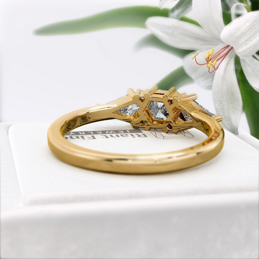 Hexagon-cut-Three-Stone-Diamond-Engagement-Ring- Gold- Back View
