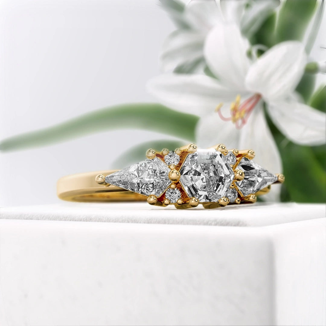 Hexagon-cut-Three-Stone-Diamond-Engagement-Ring- Gold- Diamond View

