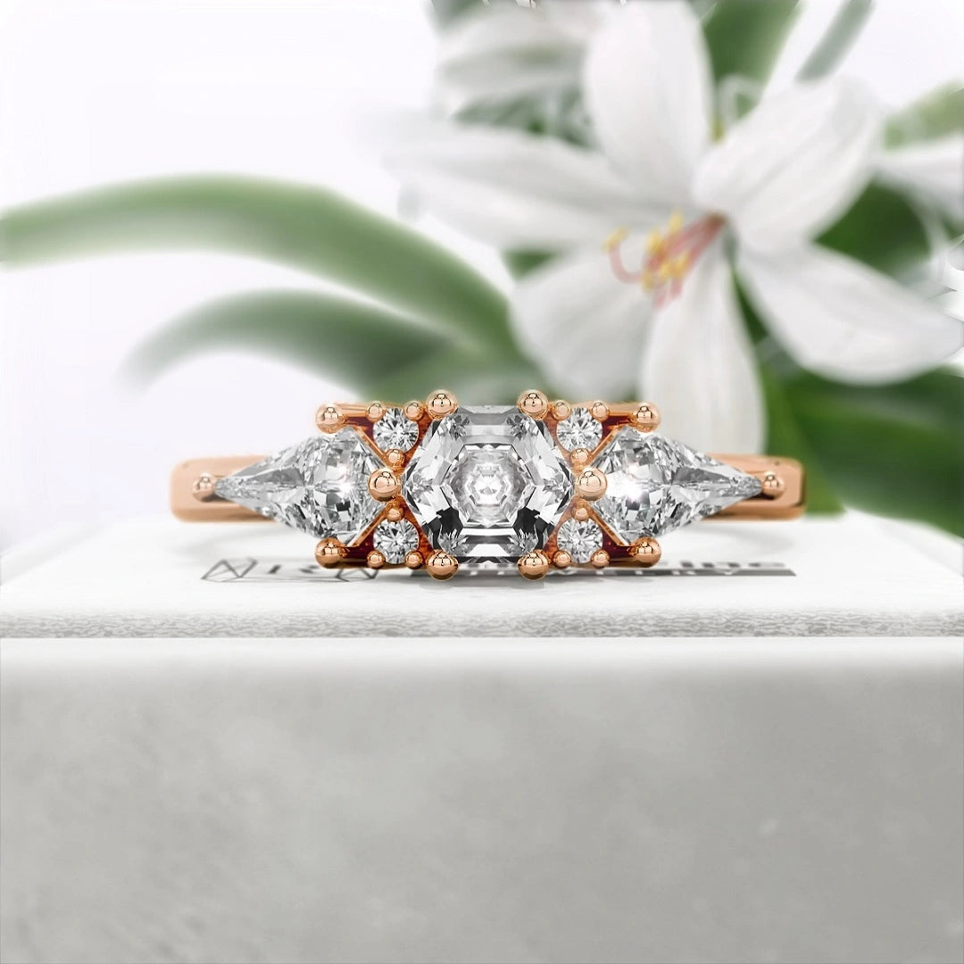 Hexagon-cut-Three-Stone-Diamond-Engagement-Ring-Rose Gold- Front View

