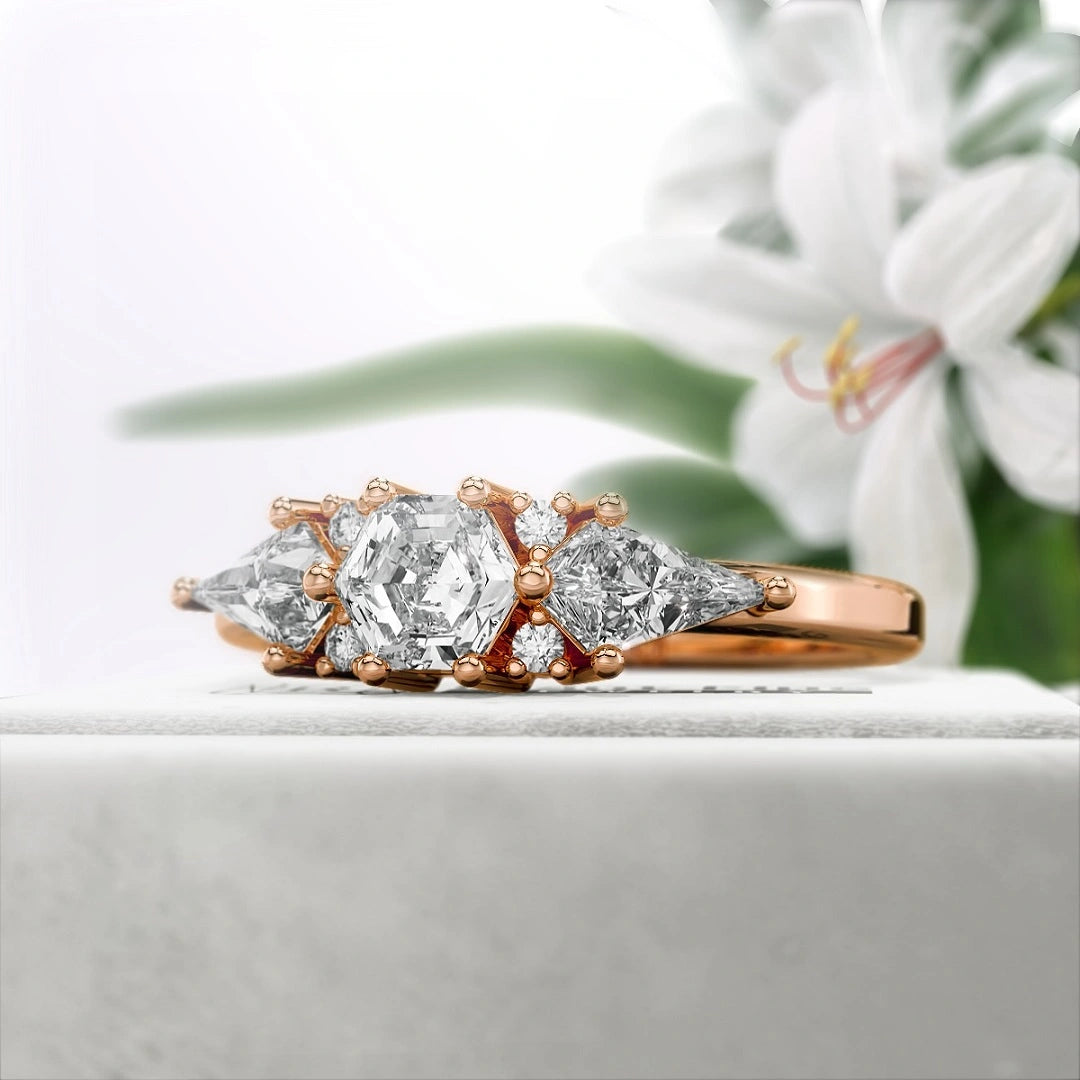 Hexagon-cut-Three-Stone-Diamond-Engagement-Ring-Rose Gold- Side View
