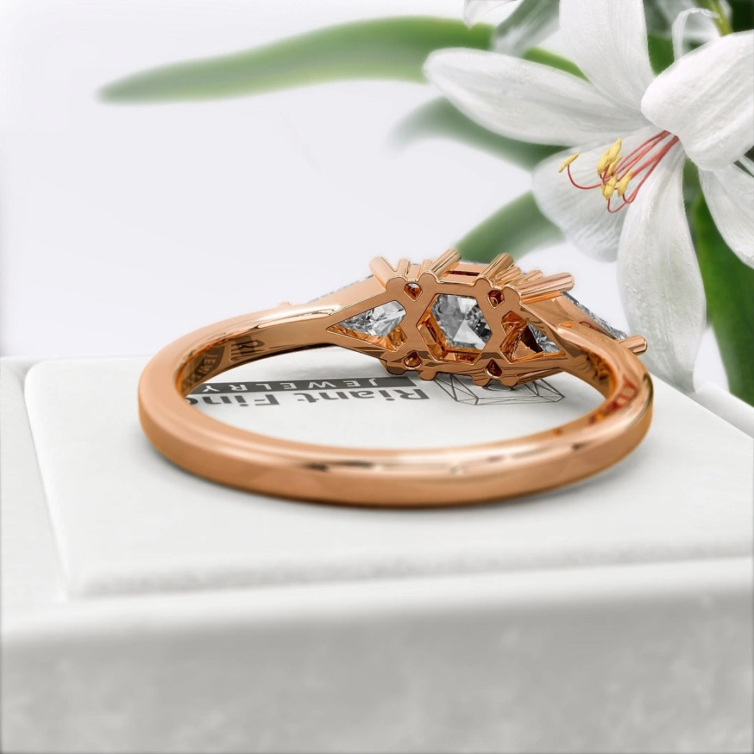 Hexagon-cut-Three-Stone-Diamond-Engagement-Ring-Rose Gold- Back View
