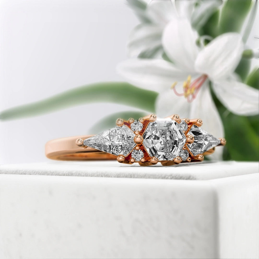 Hexagon-cut-Three-Stone-Diamond-Engagement-Ring-Rose Gold- Diamond View
