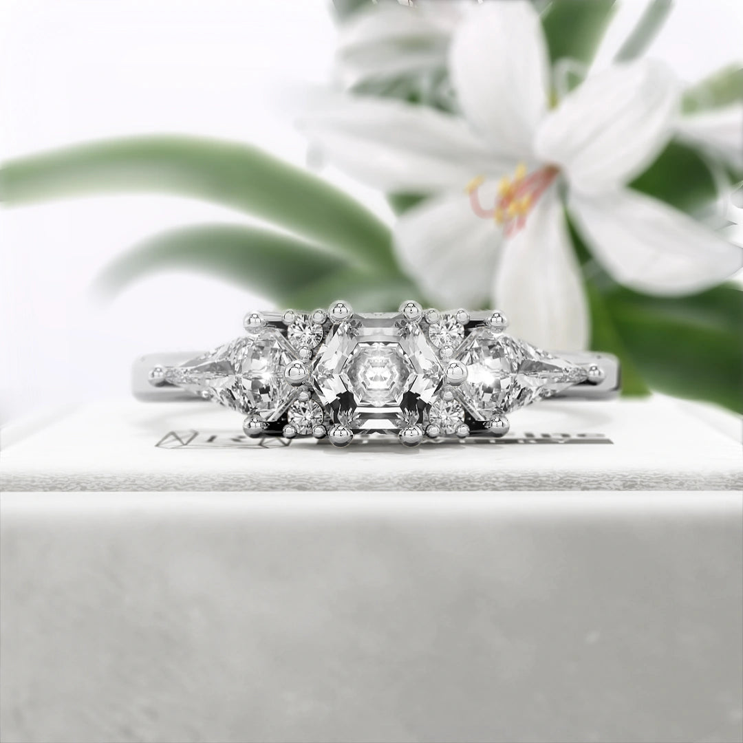 Hexagon-cut-Three-Stone-Diamond-Engagement-Ring-White Gold- Front View
