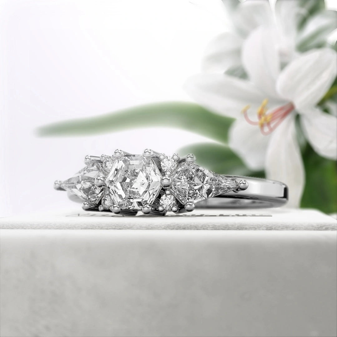 Hexagon-cut-Three-Stone-Diamond-Engagement-Ring-White Gold- Side View
