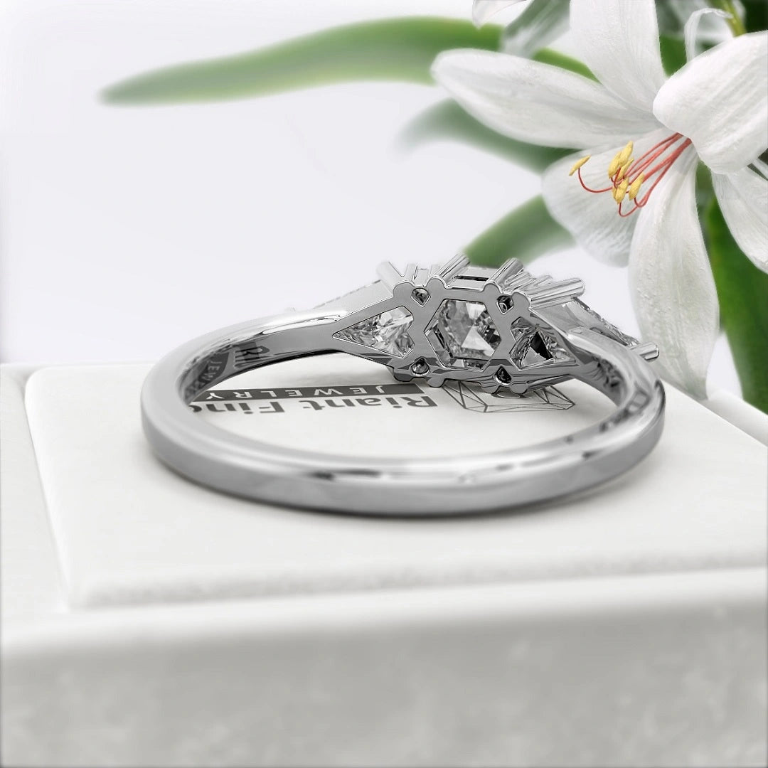 Hexagon-cut-Three-Stone-Diamond-Engagement-Ring-White Gold- Back View
