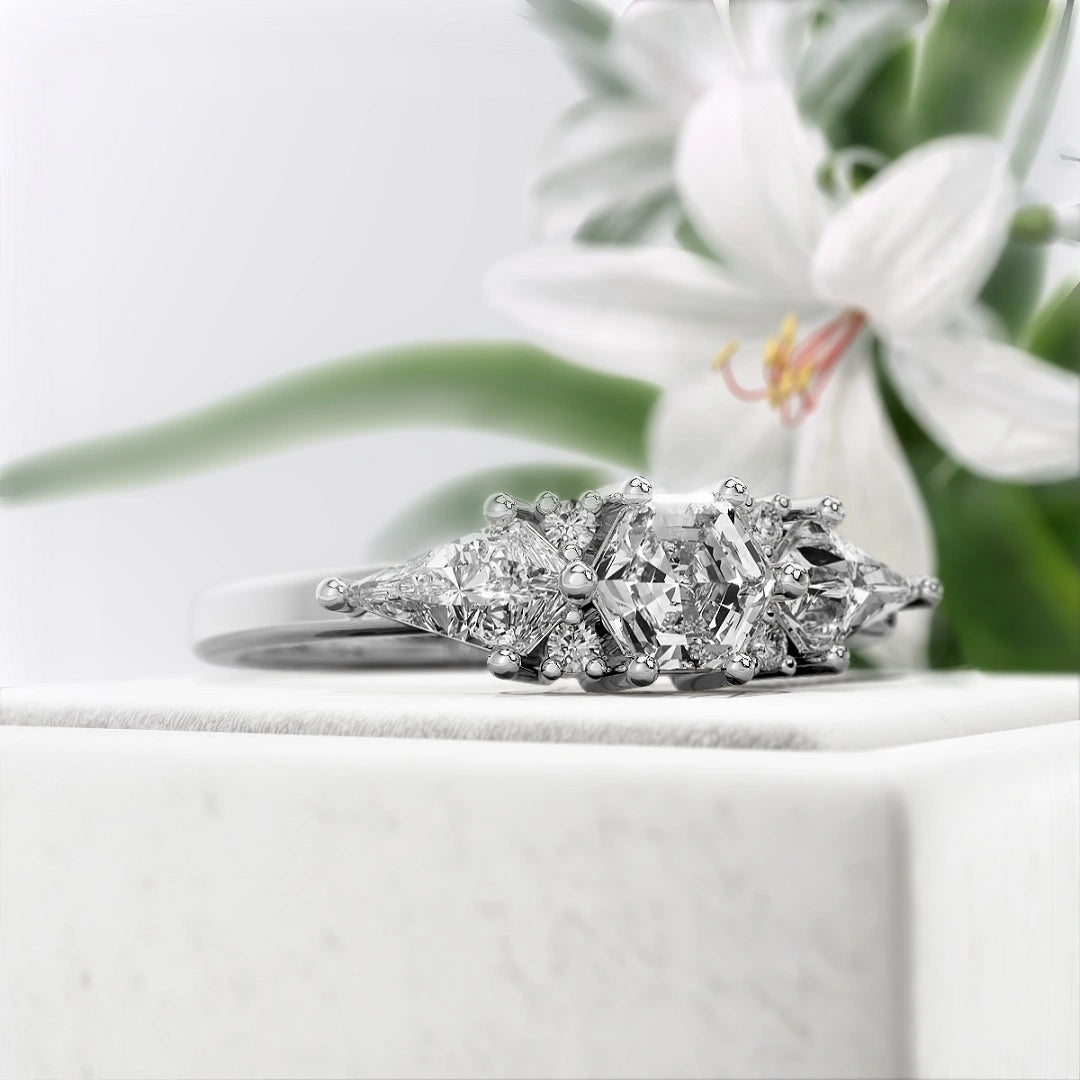 Hexagon-cut-Three-Stone-Diamond-Engagement-Ring-White Gold- Diamond View

