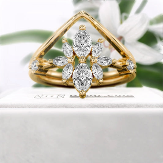 Gold-old-Marquise-Diamond-Wedding-Ring-Set - Front View