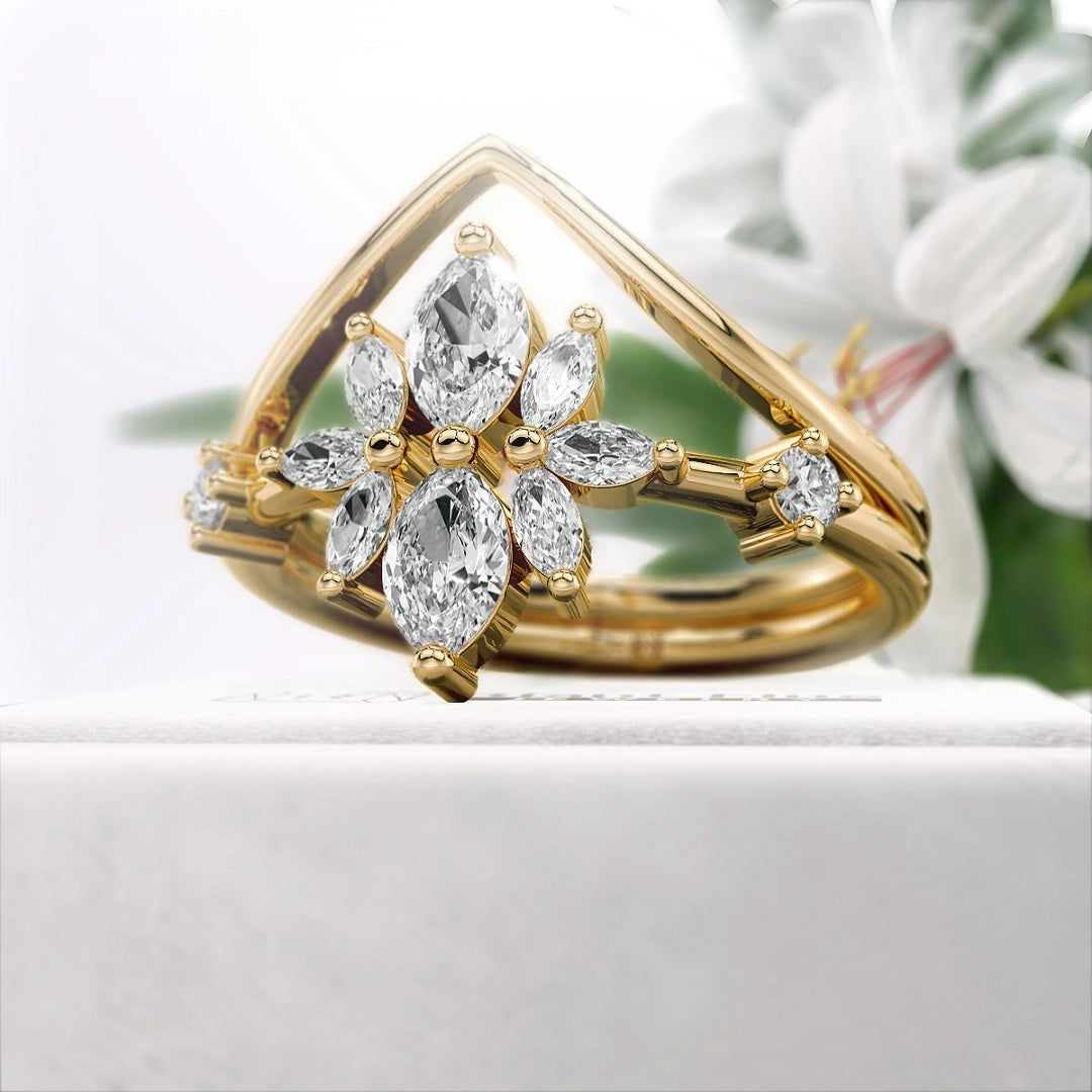 Gold-Marquise-Diamond-Wedding-Ring-Set - Side View
