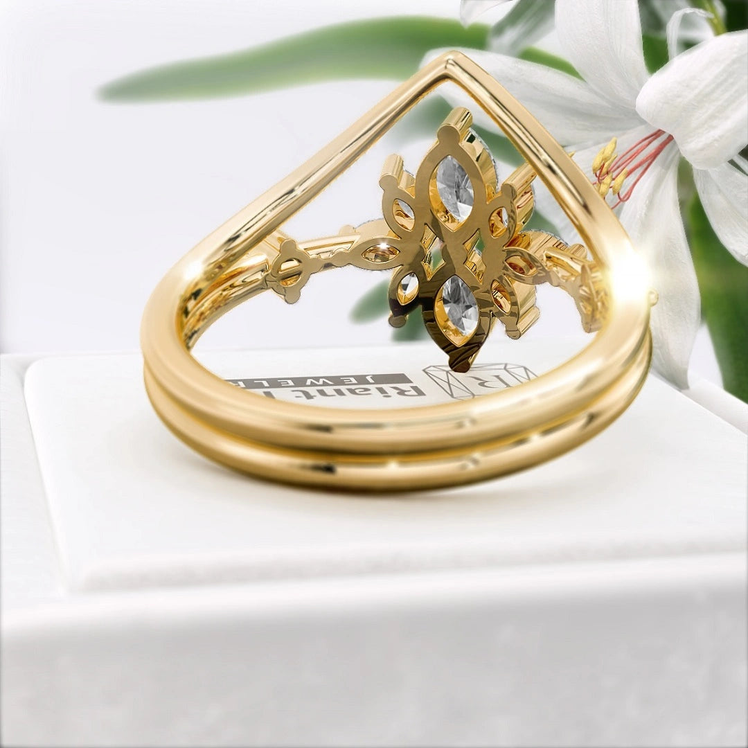 Gold-Marquise-Diamond-Wedding-Ring-Set - Back View