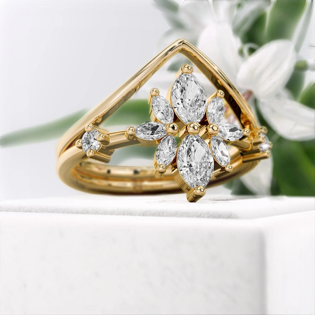 Gold-Marquise-Diamond-Wedding-Ring-Set - Diamond View