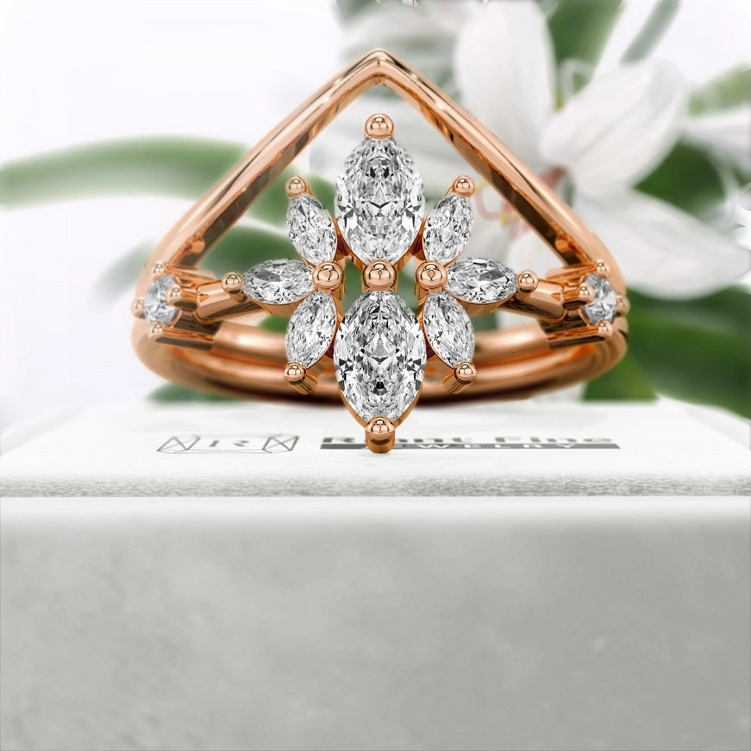 Rose-Gold-Marquise-Diamond-Wedding-Ring-Set - Front View