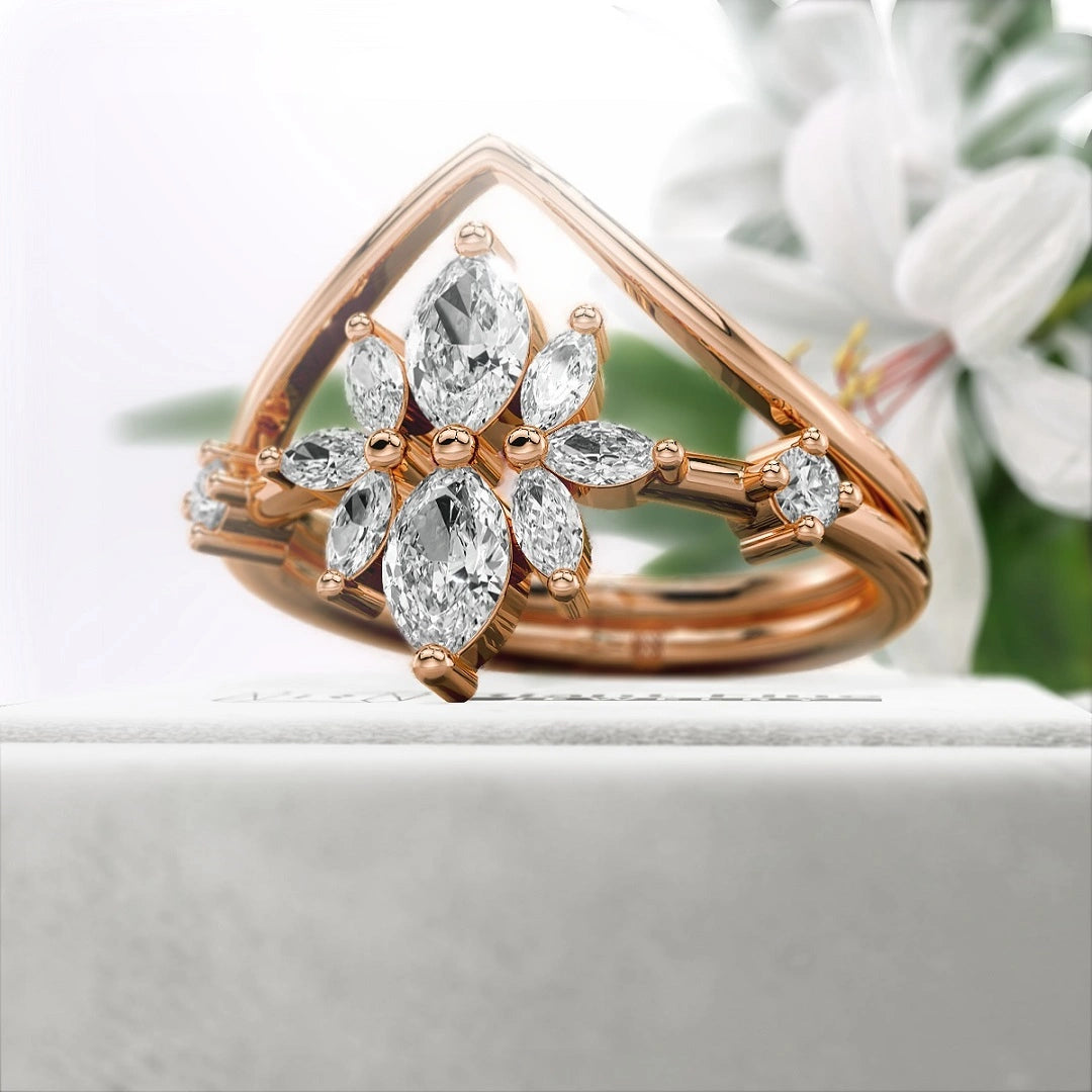 Rose-Gold-Marquise-Diamond-Wedding-Ring-Set - Side View