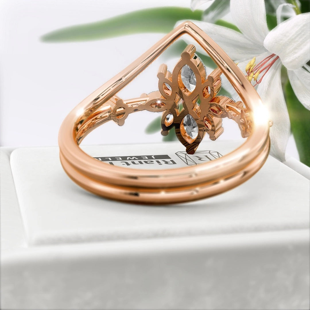 Rose-Gold-Marquise-Diamond-Wedding-Ring-Set - Back View