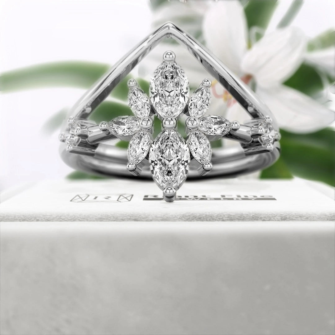 White-Gold-Marquise-Diamond-Wedding-Ring-Set - Front View
