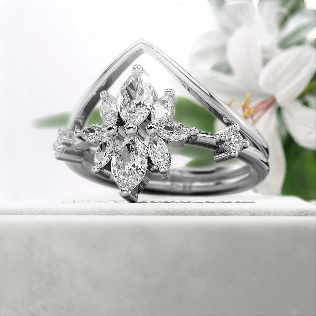 White-Gold-Marquise-Diamond-Wedding-Ring-Set - Side View