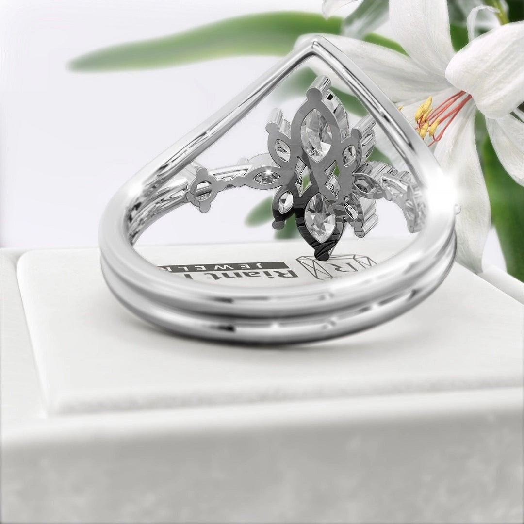 White-Gold-Marquise-Diamond-Wedding-Ring-Set - Back View