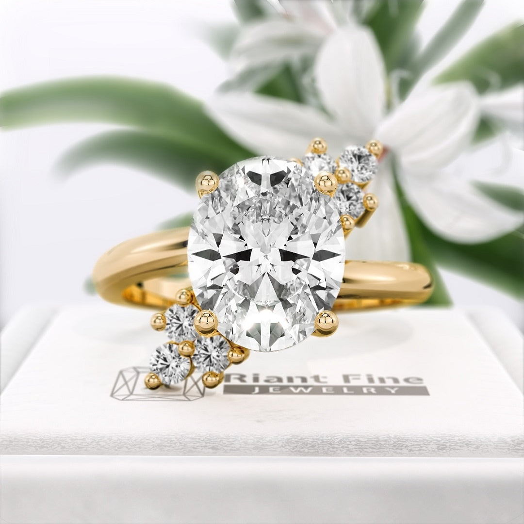 Oval-cut-Lab-Grown-Diamond-Cluster-Engagement-Ring-Gold - Front View
