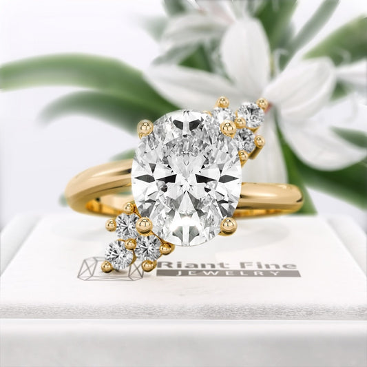 Oval-cut-Lab-Grown-Diamond-Cluster-Engagement-Ring-Gold - Front View
