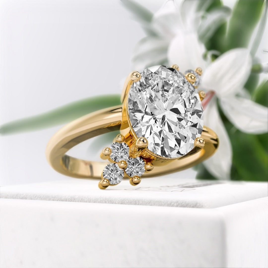 Oval-cut-Lab-Grown-Diamond-Cluster-Engagement-Ring-Gold - Side View