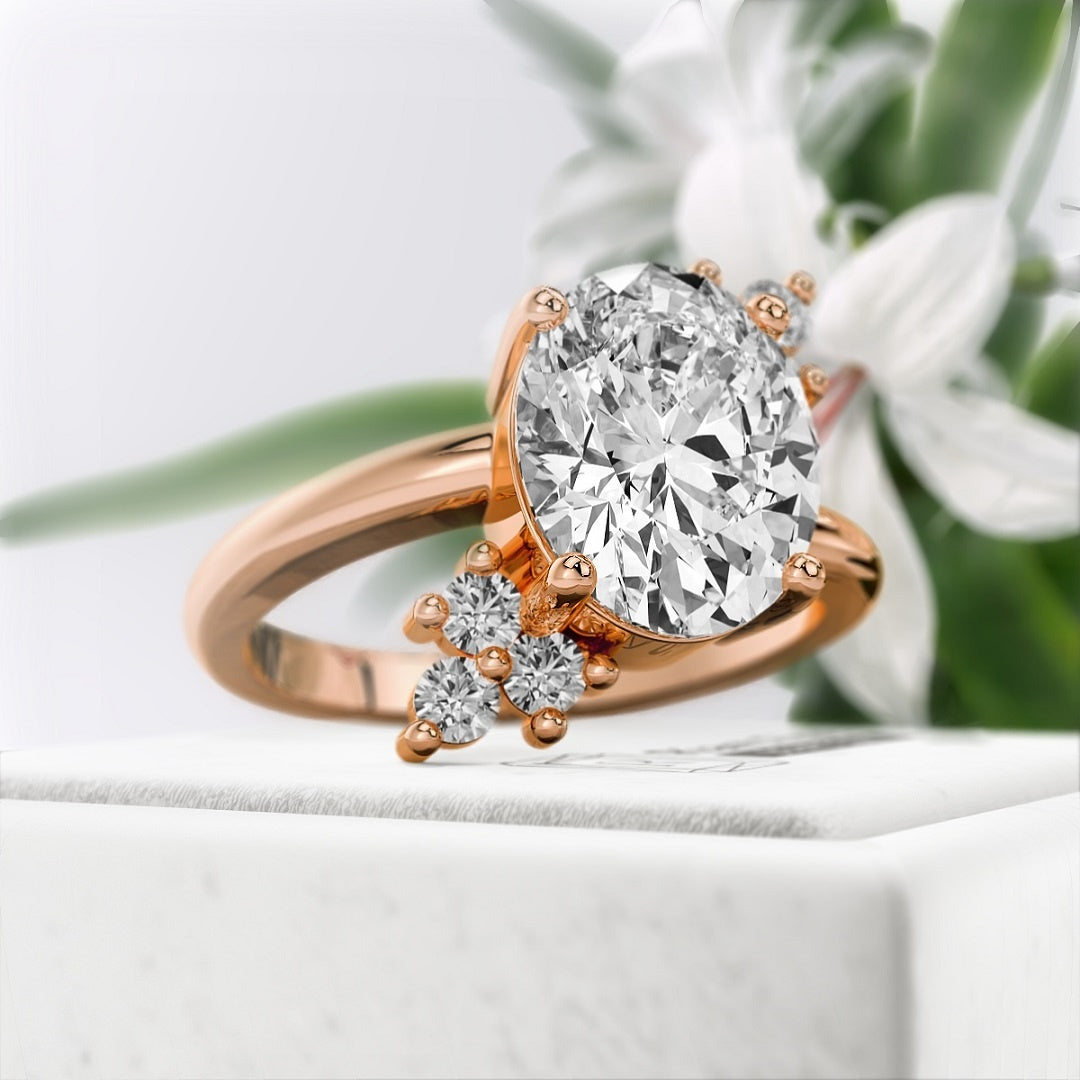 Oval-cut-Lab-Grown-Diamond-Cluster-Engagement-Ring-Rose Gold - Side View