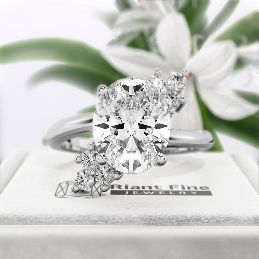 Oval-cut-Lab-Grown-Diamond-Cluster-Engagement-Ring-White Gold - Front View