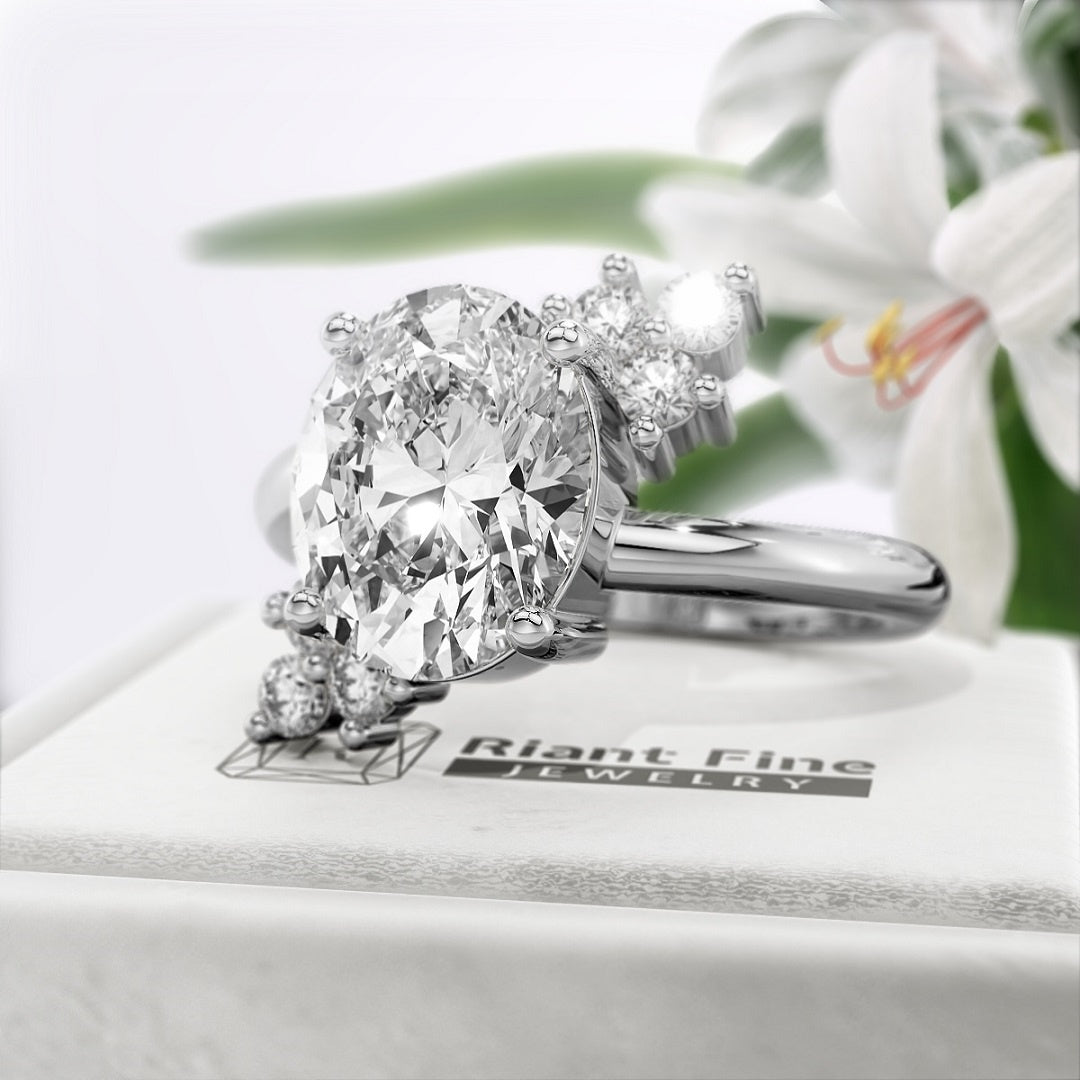 Oval-cut-Lab-Grown-Diamond-Cluster-Engagement-Ring-White Gold - Diamond View