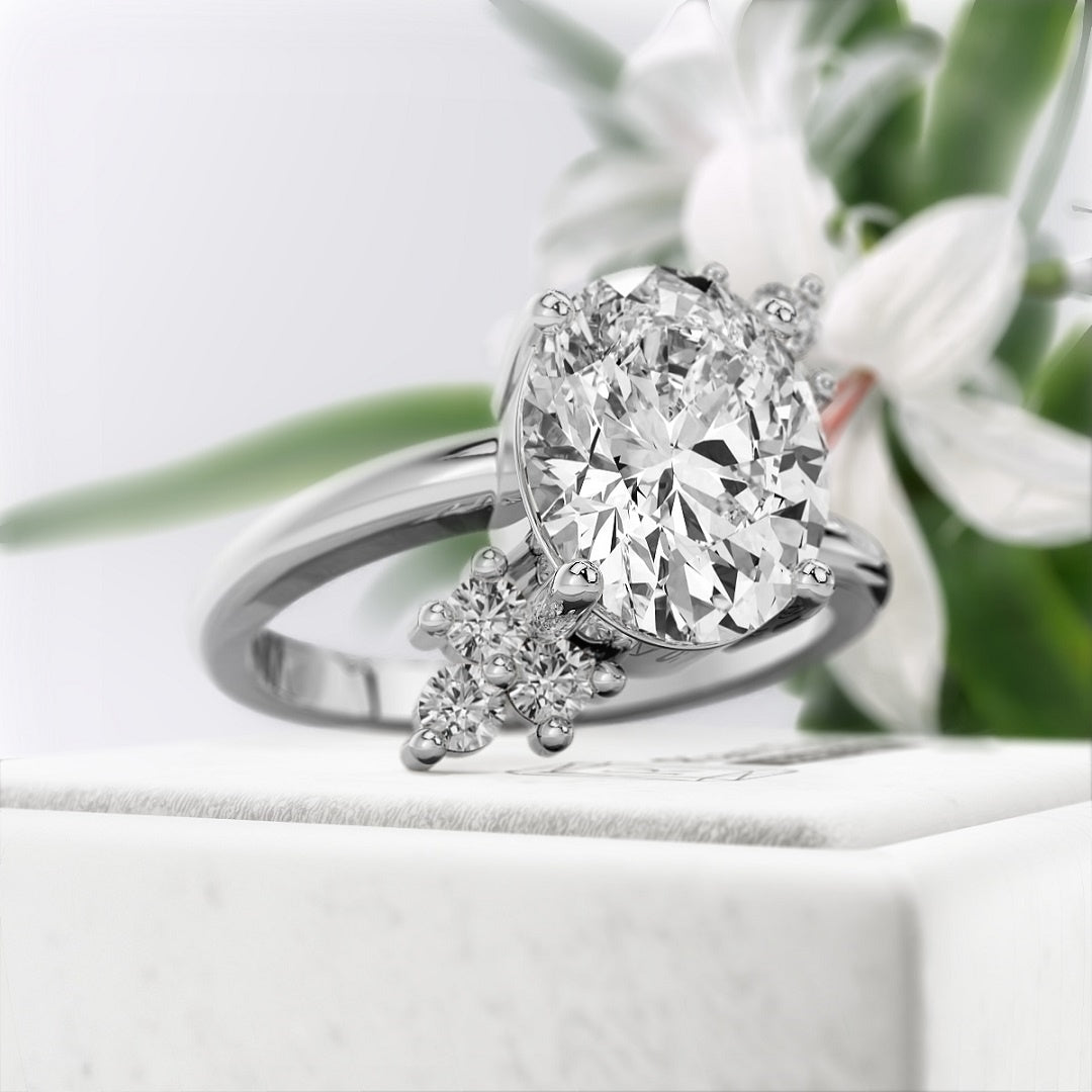 Oval-cut-Lab-Grown-Diamond-Cluster-Engagement-Ring-White Gold - Side View