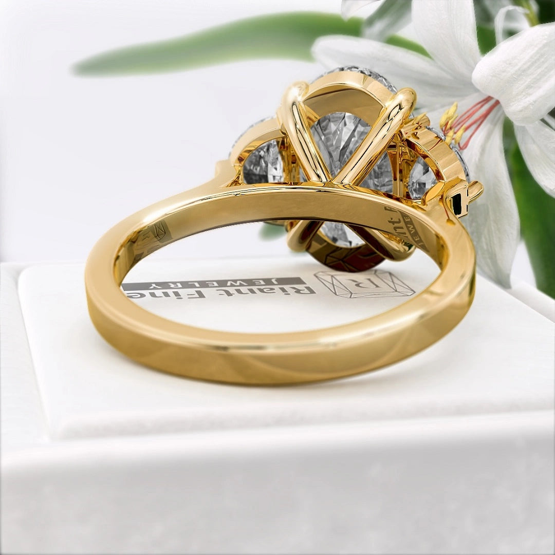 Oval-Cut-Moissanite-Three-Stone-Engagement-Ring-In-14K-Gold- back View
