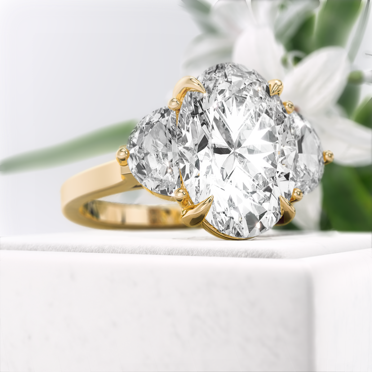 Oval-Cut-Moissanite-Three-Stone-Engagement-Ring-Gold-Diamond-View