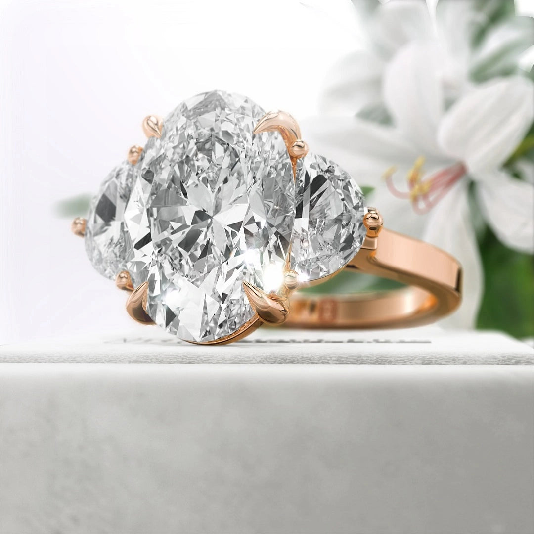 Oval-Cut-Moissanite-Three-Stone-Engagement-Ring-In-14K-Rose-Gold-
Side View