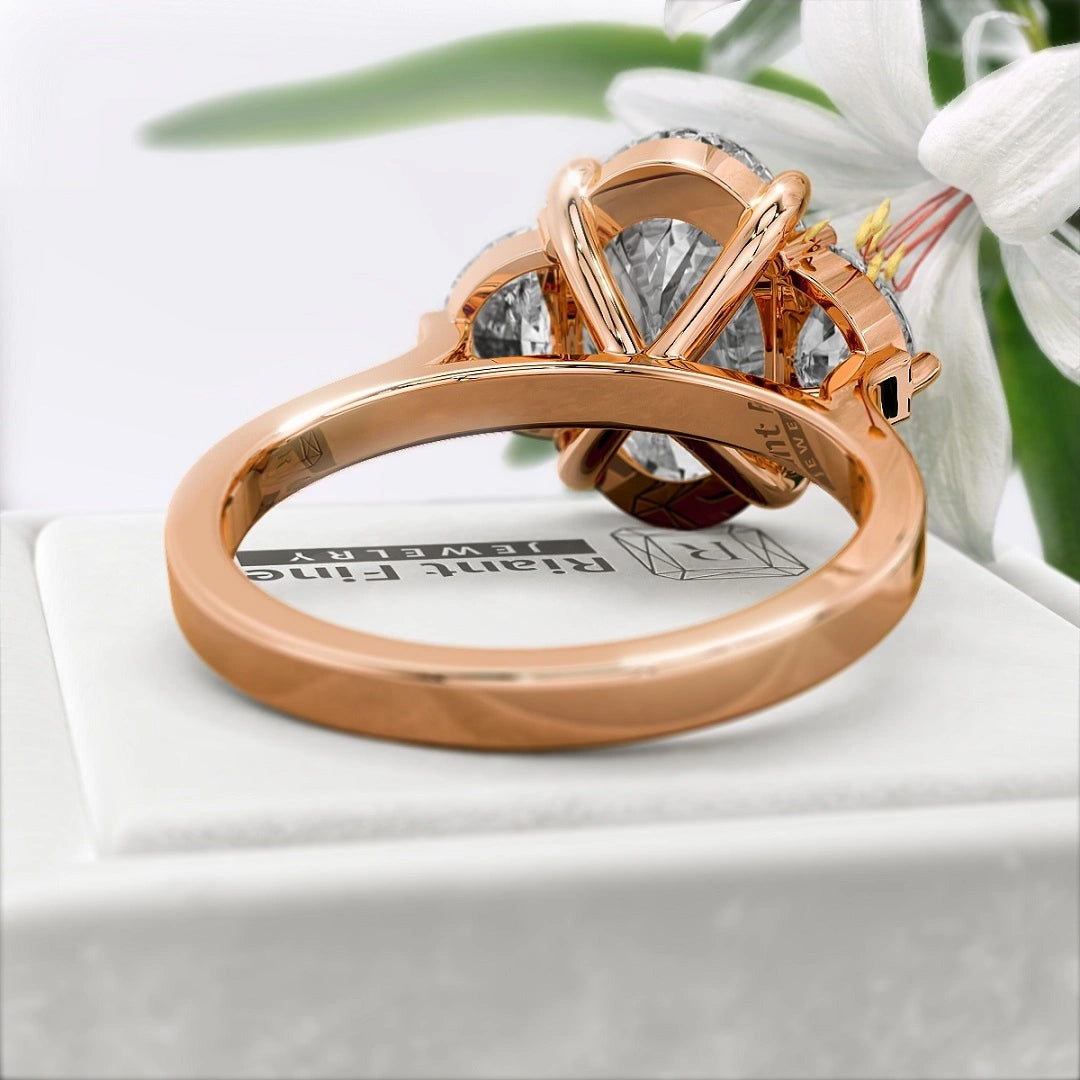 Oval-Cut-Moissanite-Three-Stone-Engagement-Ring-In-14K-Rose-Gold-
Back View