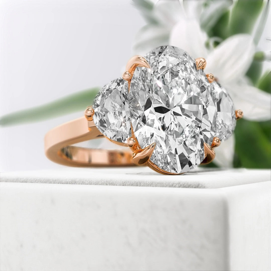 Oval-Cut-Moissanite-Three-Stone-Engagement-Ring-In-14K-Rose-Gold-
Diamond View