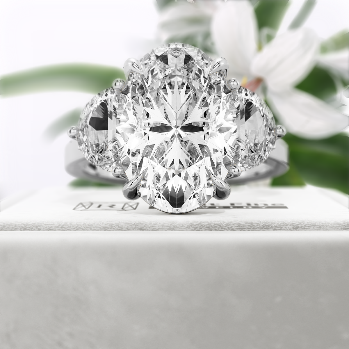 Oval-Cut-Moissanite-Three-Stone-Engagement-Ring-White-Gold-Front-View