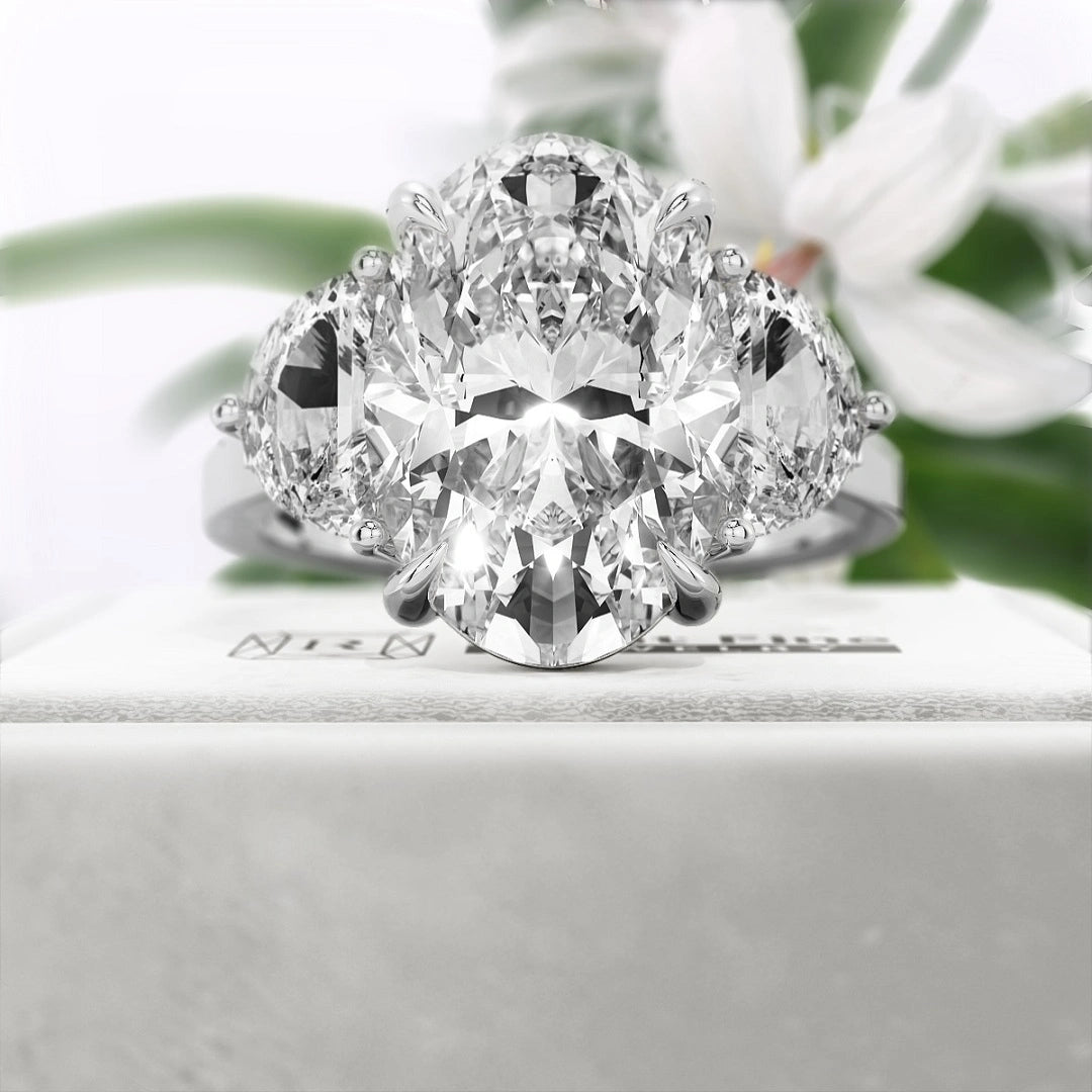 Oval-Cut-Moissanite-Three-Stone-Engagement-Ring-In-14K-White-Gold- Front View
